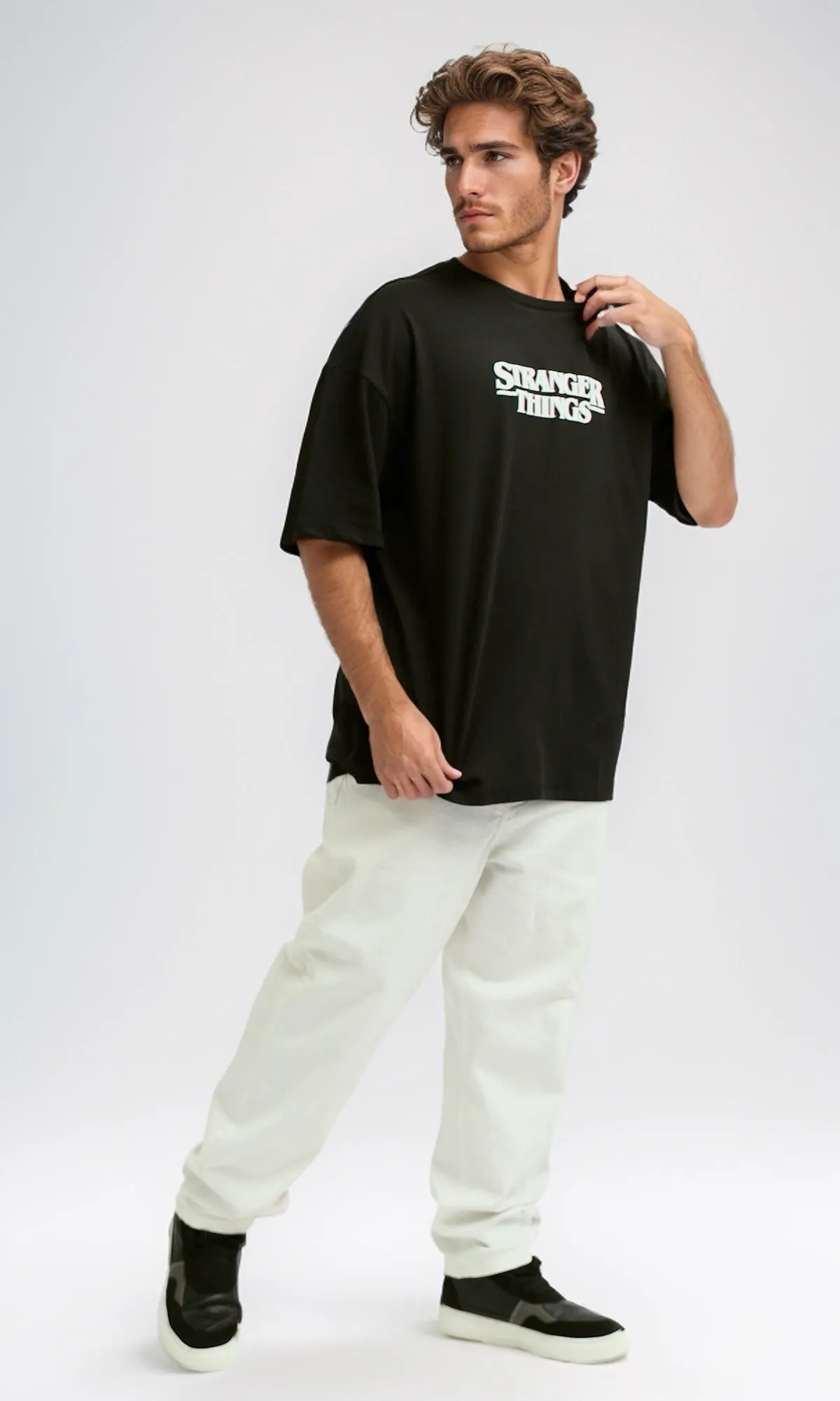 O182430 Black Casual Tee With Elbow-Sleeves