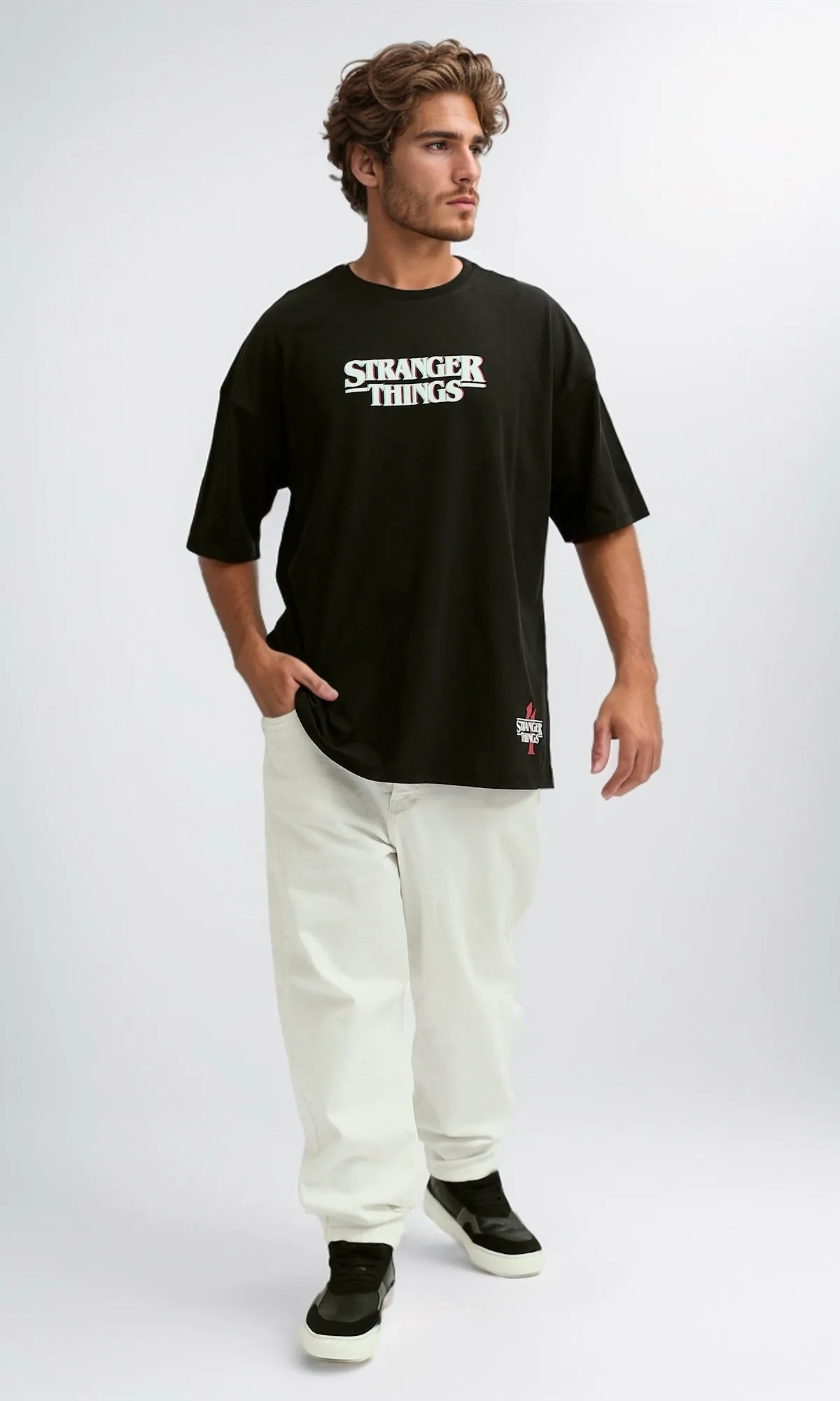 O182430 Black Casual Tee With Elbow-Sleeves