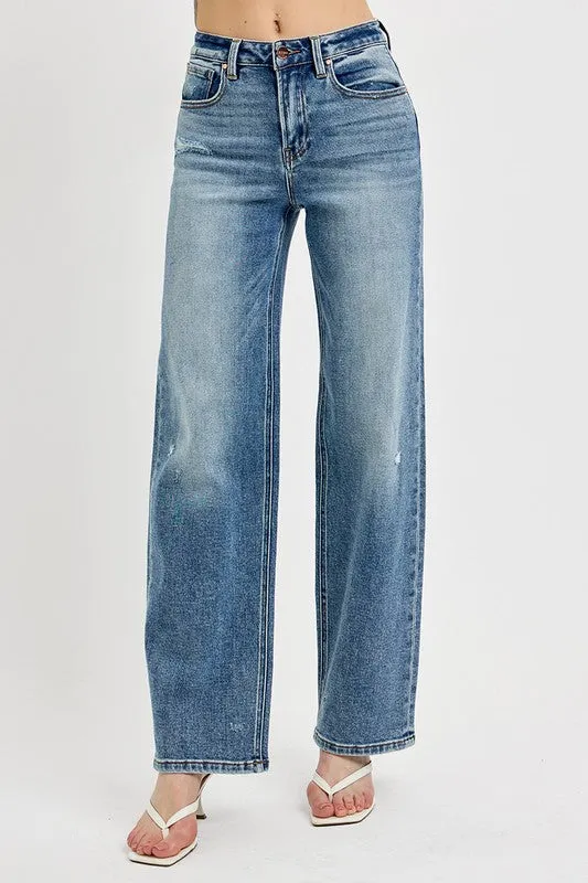 RISEN Distressed Wide Leg Denim Jeans