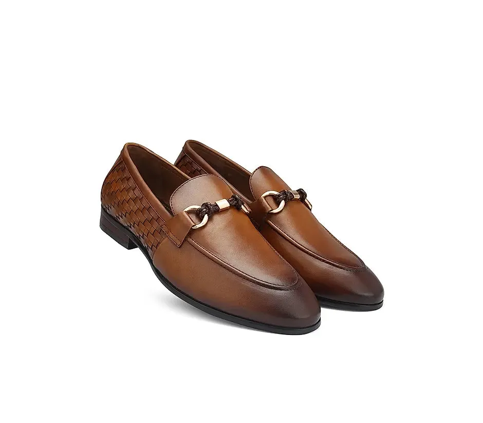 Tan Textured Loafers With Buckle