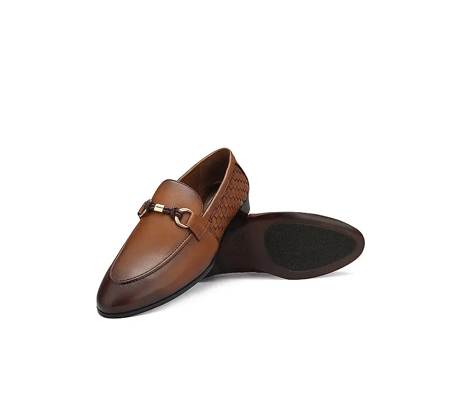 Tan Textured Loafers With Buckle