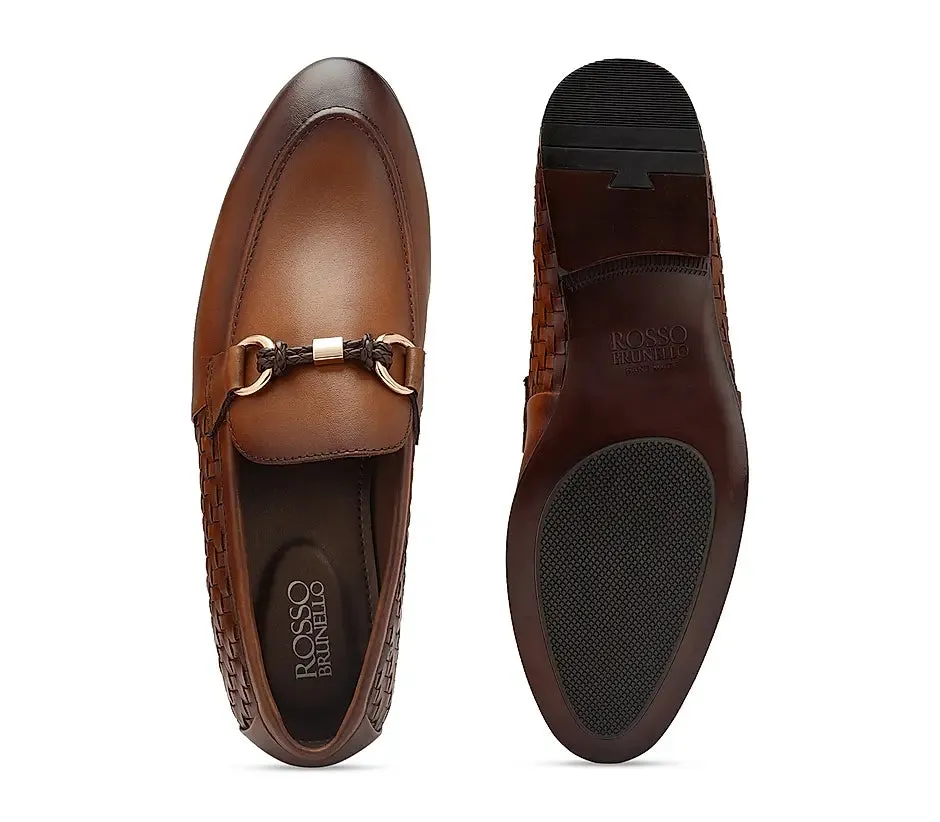 Tan Textured Loafers With Buckle