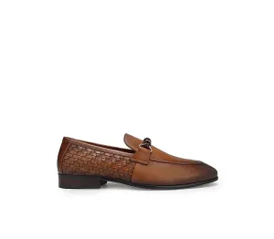 Tan Textured Loafers With Buckle