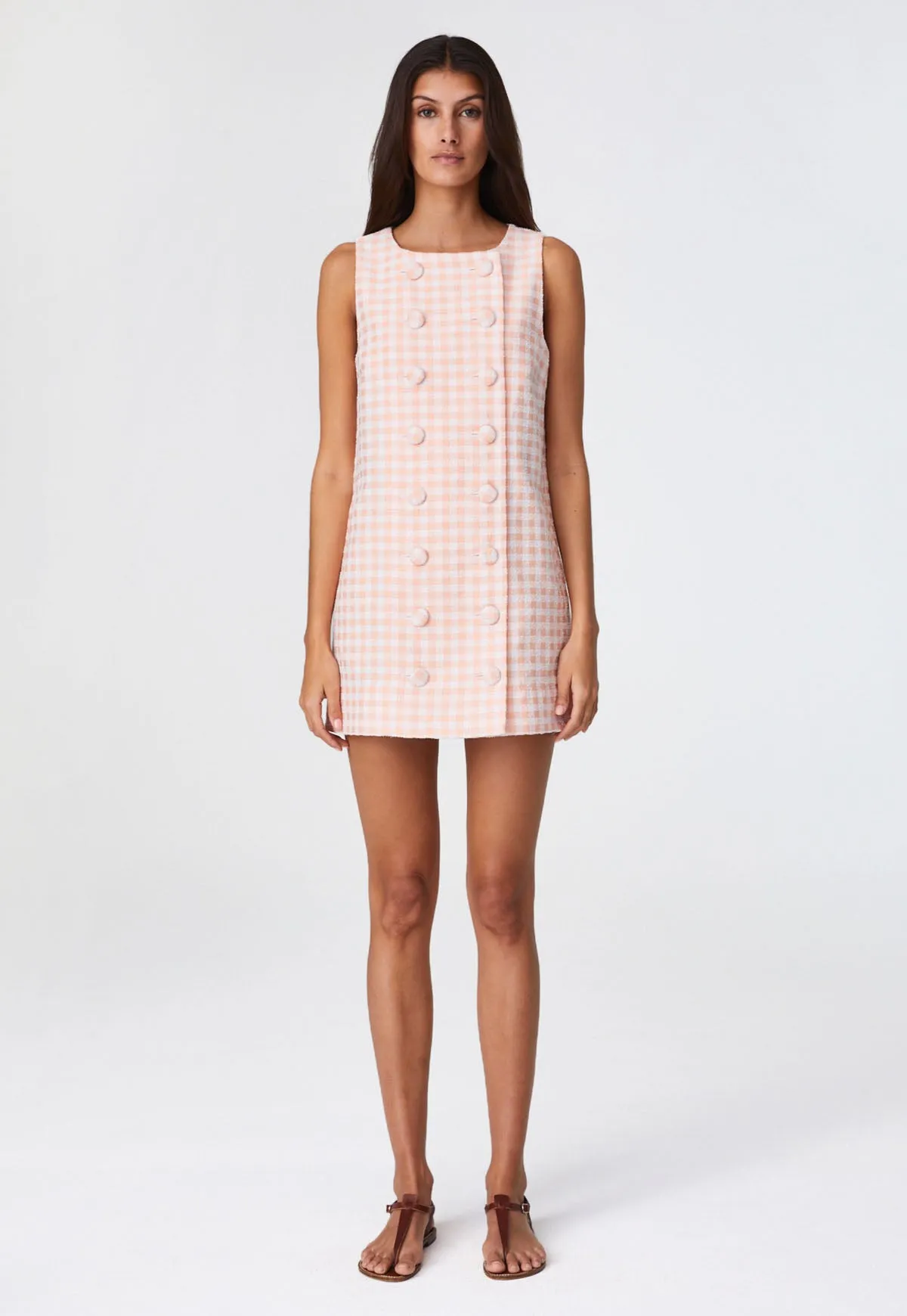 THE DOUBLE BREASTED MINI DRESS in CORAL GINGHAM BOUCLE COTTON