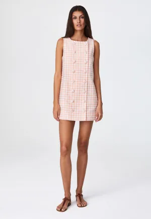 THE DOUBLE BREASTED MINI DRESS in CORAL GINGHAM BOUCLE COTTON
