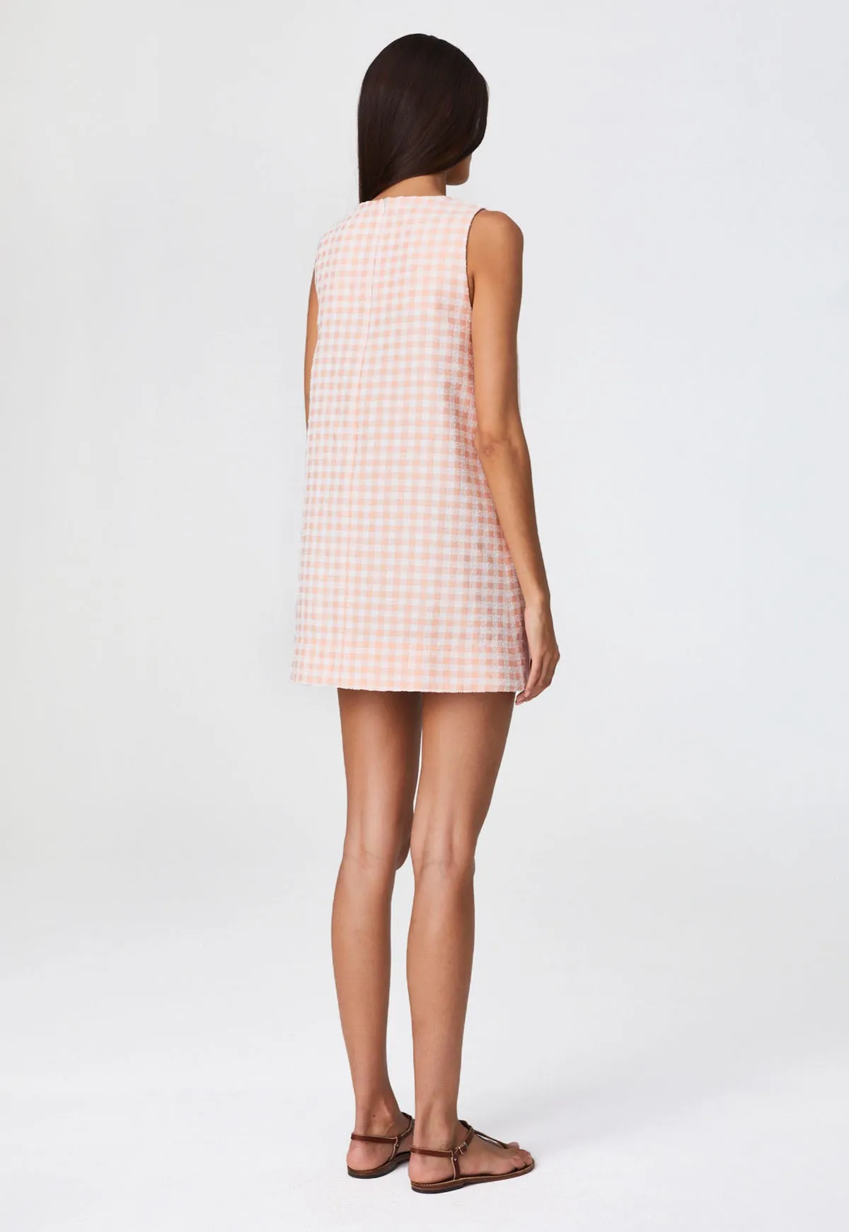 THE DOUBLE BREASTED MINI DRESS in CORAL GINGHAM BOUCLE COTTON
