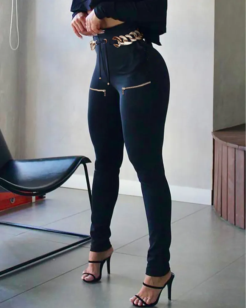 Women's Sexy High Waist Eyelet Lace-up Tied or Zipper Design Pants Without Belt