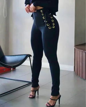 Women's Sexy High Waist Eyelet Lace-up Tied or Zipper Design Pants Without Belt