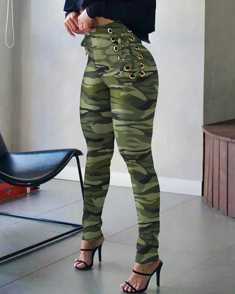 Women's Sexy High Waist Eyelet Lace-up Tied or Zipper Design Pants Without Belt